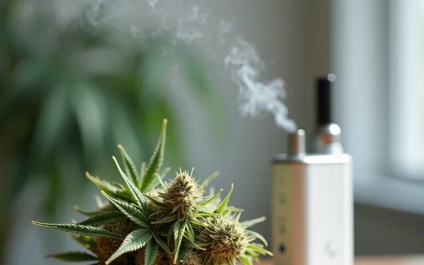 Medizinisch vorbereitete Cannabisblüte neben Vaporizer in einer Schweizer Arztpraxis, neutral und sachlich dargestellt