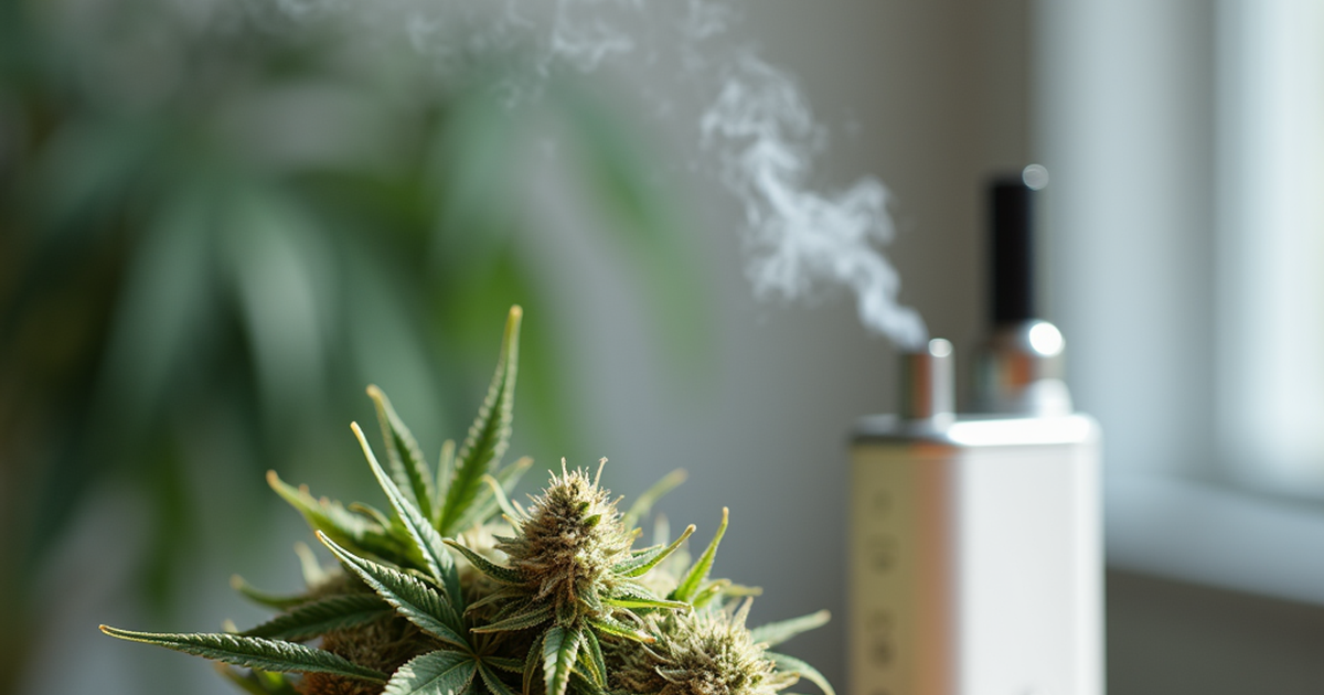 Medizinisch vorbereitete Cannabisblüte neben Vaporizer in einer Schweizer Arztpraxis, neutral und sachlich dargestellt
