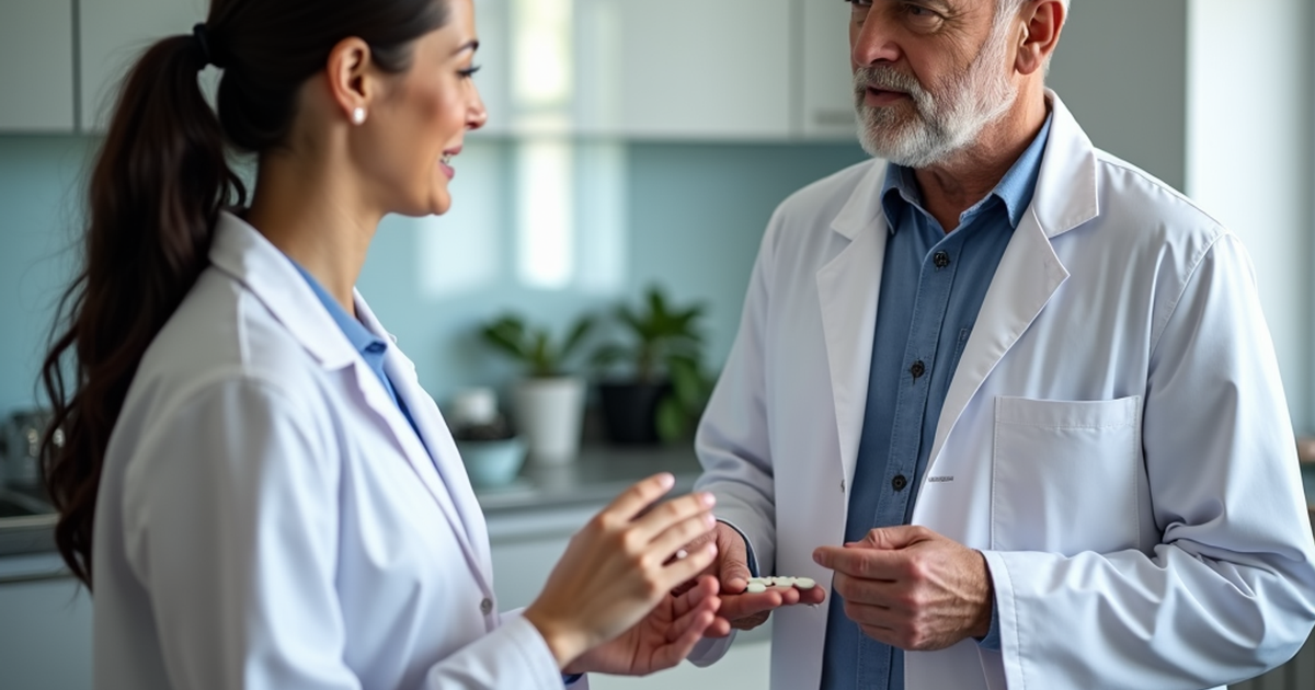 Ärztin in einer Schweizer Praxis erklärt einem Patienten die Toleranzentwicklung bei medizinischem Cannabis auf einem Tablet