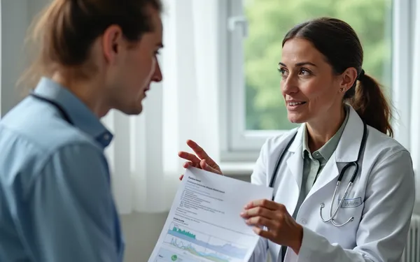 Ärztin in Schweizer Praxis erklärt einem Patienten die medizinische Anwendung von Cannabis Indica anhand von Wirkstoffprofilen