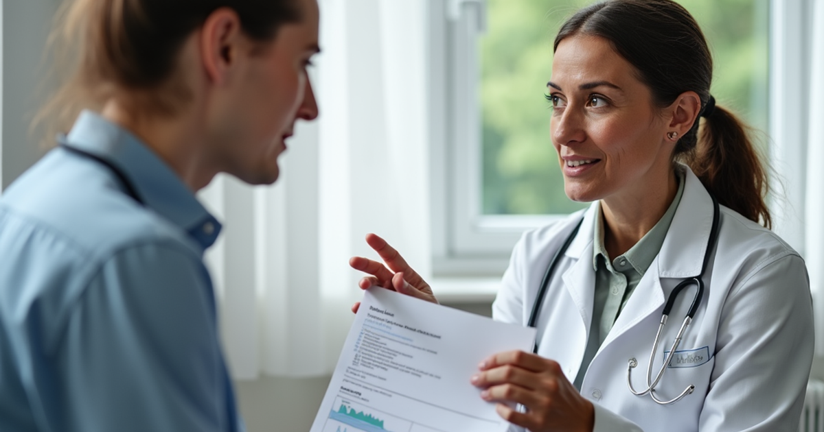 Ärztin in Schweizer Praxis erklärt einem Patienten die medizinische Anwendung von Cannabis Indica anhand von Wirkstoffprofilen