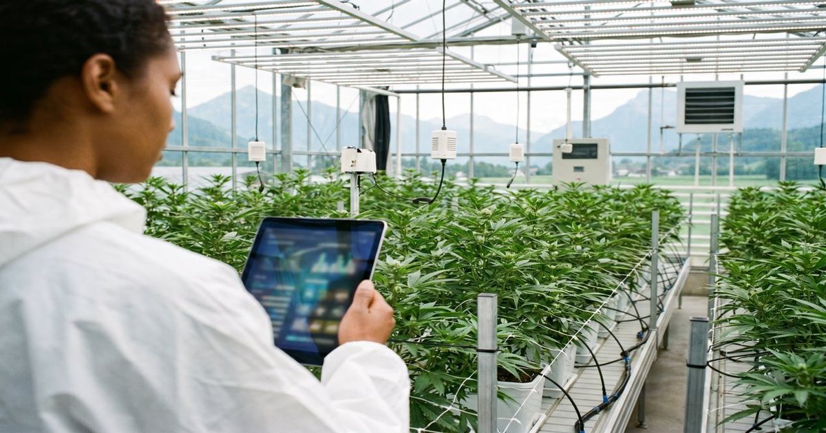 Modernes Indoor-Gewächshaus für medizinisches Cannabis mit LED-Licht, Sensorik und digitaler Überwachung in einer professionellen Umgebung in der Schweiz