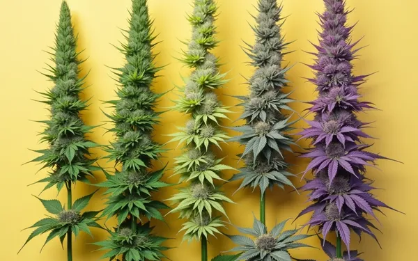 Verschiedenfarbige medizinische Cannabisblüten in Grün, Gelb und Violett vor neutralem Hintergrund, klinisch sauber angeordnet