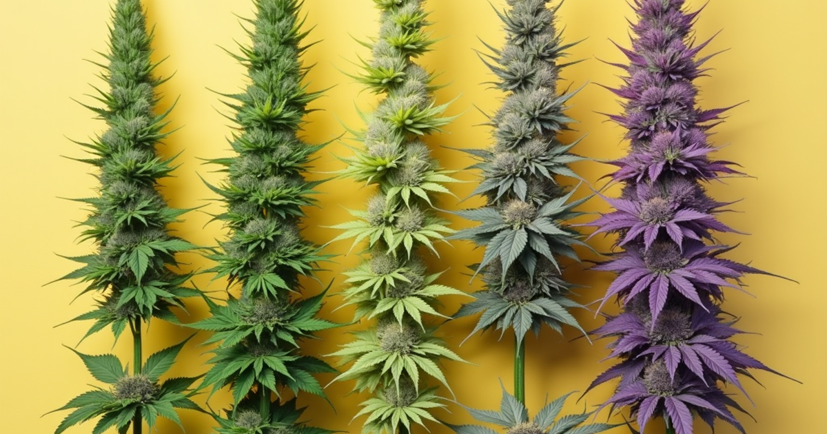 Verschiedenfarbige medizinische Cannabisblüten in Grün, Gelb und Violett vor neutralem Hintergrund, klinisch sauber angeordnet