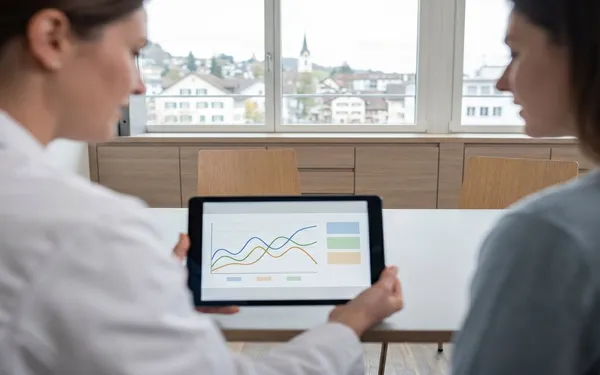 Ärztin in Schweizer Praxis erläutert einer Patientin am Tablet unterschiedliche medizinische Cannabis-Strain-Profile mit THC-, CBD- und Terpen-Diagrammen