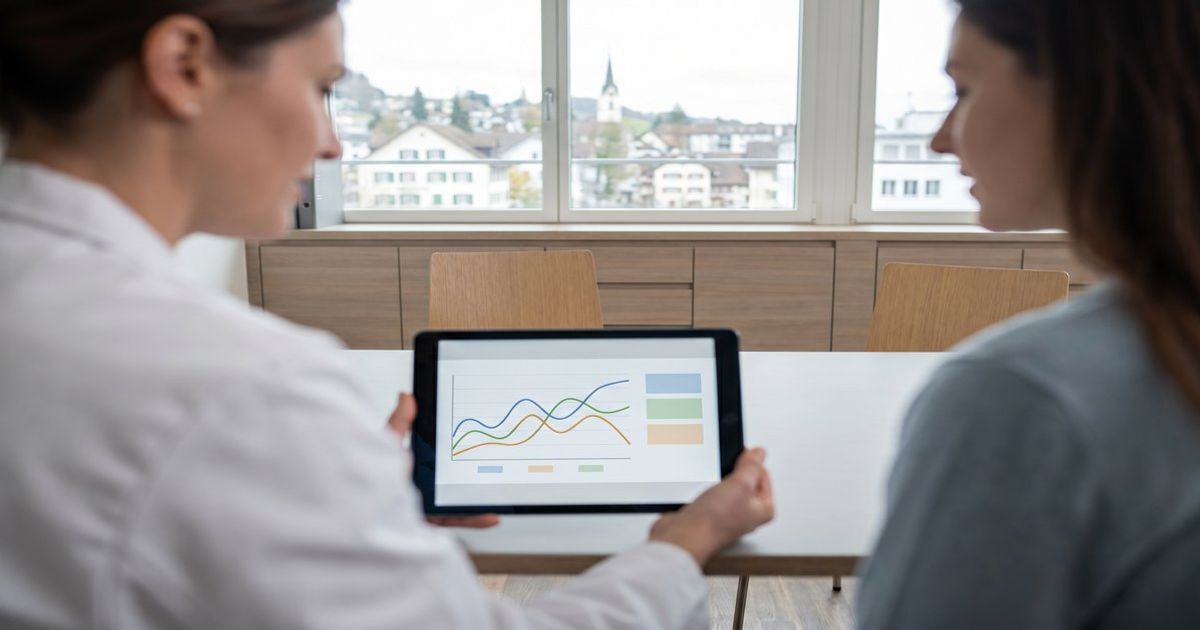 Ärztin in Schweizer Praxis erläutert einer Patientin am Tablet unterschiedliche medizinische Cannabis-Strain-Profile mit THC-, CBD- und Terpen-Diagrammen