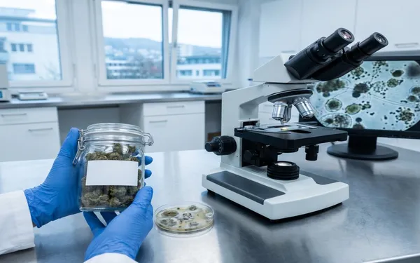 Vergleich einer gesunden und einer von Schimmel befallenen Cannabisblüte in medizinischer Laborumgebung