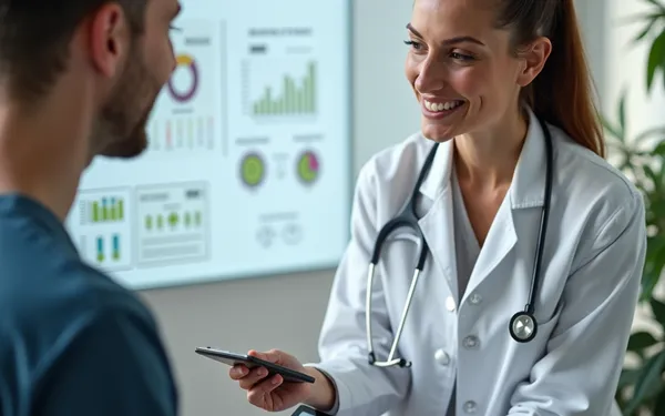 Ärztin in einer Schweizer Praxis erklärt einem Patienten anhand eines Tablets die Wirkung von medizinischem Cannabis auf Stimmung und Psyche