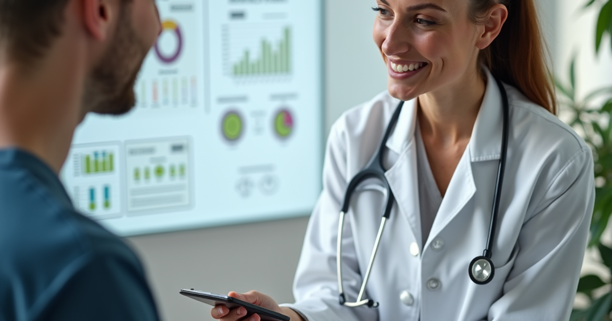 Ärztin in einer Schweizer Praxis erklärt einem Patienten anhand eines Tablets die Wirkung von medizinischem Cannabis auf Stimmung und Psyche