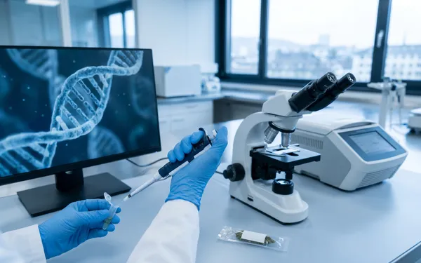 Ärztin in einem Schweizer Behandlungsraum betrachtet DNA-Befunde zur Planung einer medizinischen Cannabistherapie