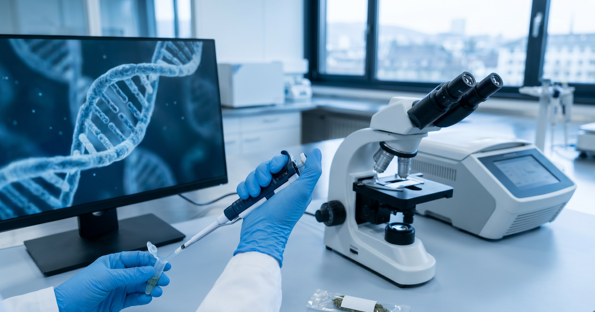 Ärztin in einem Schweizer Behandlungsraum betrachtet DNA-Befunde zur Planung einer medizinischen Cannabistherapie