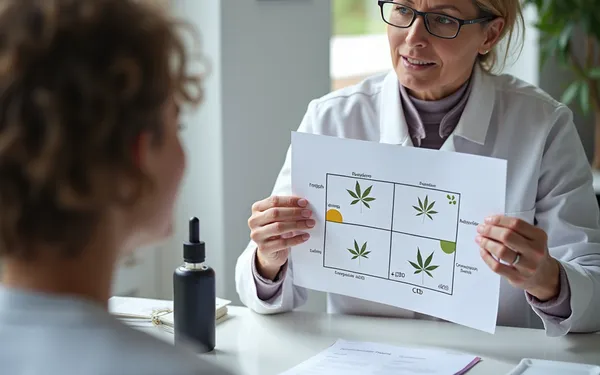 Ärztin in einer Schweizer Praxis erklärt einer Patientin anhand eines Diagramms das THC-CBD-Verhältnis bei medizinischem Cannabis