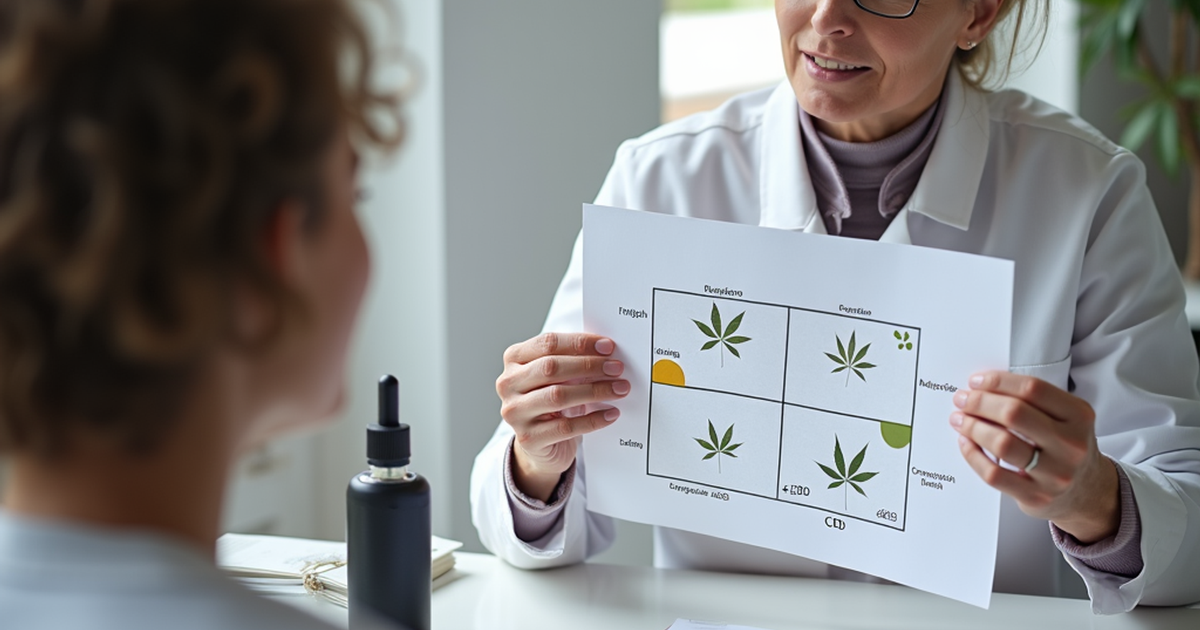 Ärztin in einer Schweizer Praxis erklärt einer Patientin anhand eines Diagramms das THC-CBD-Verhältnis bei medizinischem Cannabis