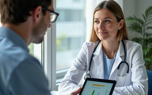 Ärztin in einer modernen Schweizer Praxis bespricht mit erwachsenem ADHS-Patienten eine mögliche medizinische Cannabis-Therapie am Tablet