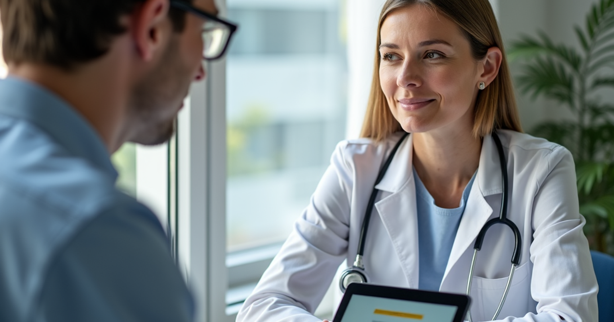 Ärztin in einer modernen Schweizer Praxis bespricht mit erwachsenem ADHS-Patienten eine mögliche medizinische Cannabis-Therapie am Tablet