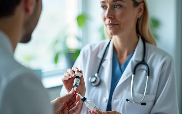 Ärztin in Schweizer Praxis erklärt Patient die orale Einnahme von medizinischem Cannabis mit Kapseln und Tropfen