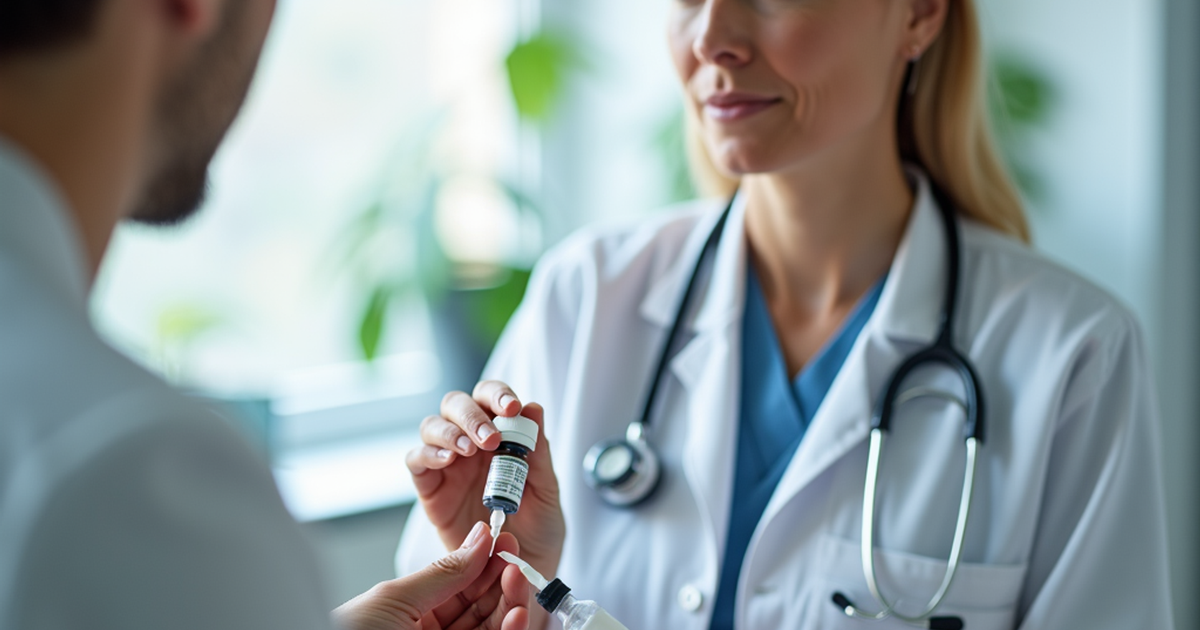 Ärztin in Schweizer Praxis erklärt Patient die orale Einnahme von medizinischem Cannabis mit Kapseln und Tropfen