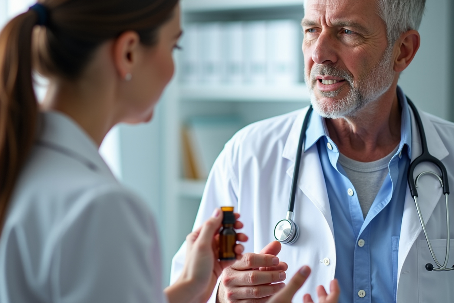 Ärztin in einer Schweizer Praxis führt eine telemedizinische Beratung zu medizinischem Cannabis mit einem Patienten am Laptop durch