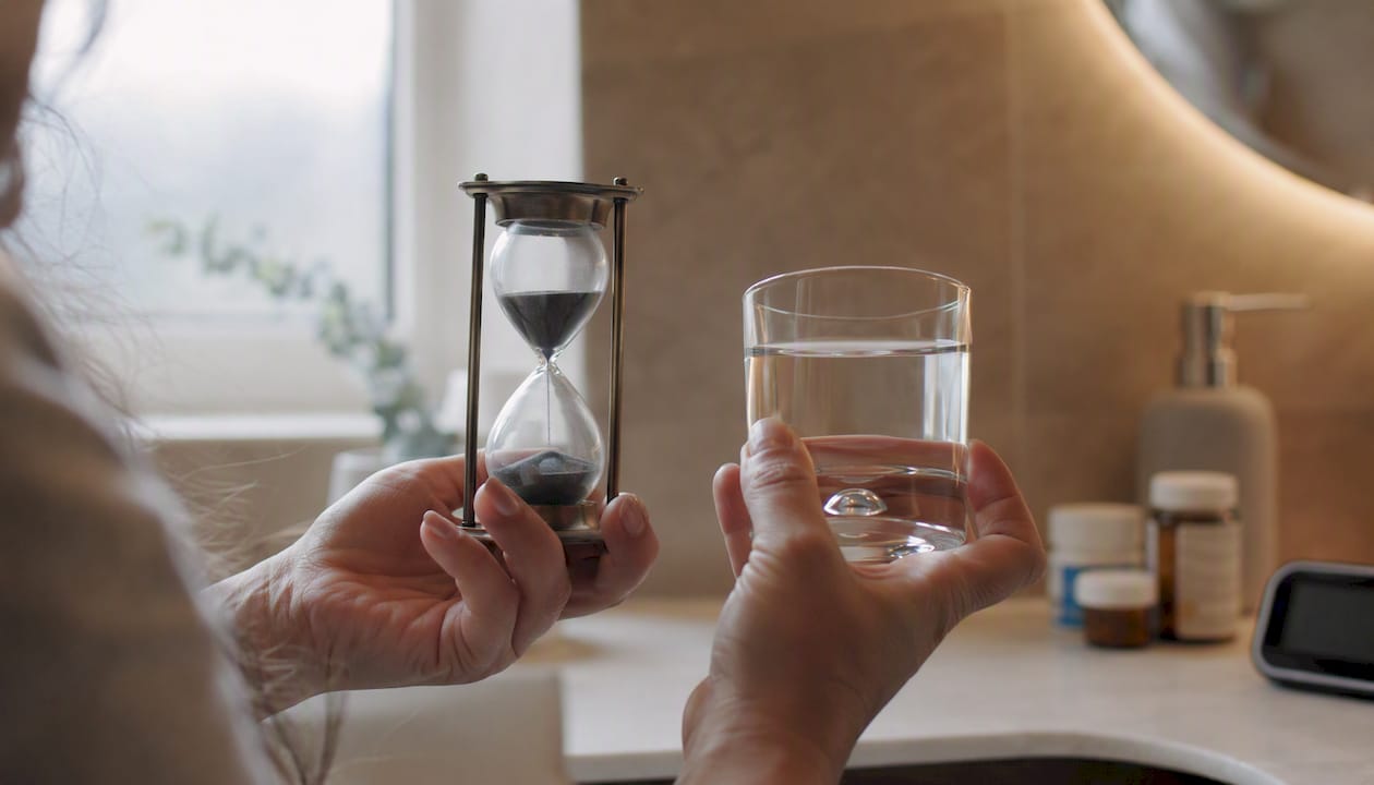 Zwei Hände – eine hält eine Armbanduhr, die andere ein Glas Wasser.