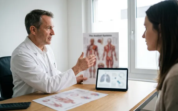 Ärztin in einer Schweizer Praxis erklärt einer Patientin die medizinische Anwendung von CBD und die Wirkung im Körper anhand von Unterlagen