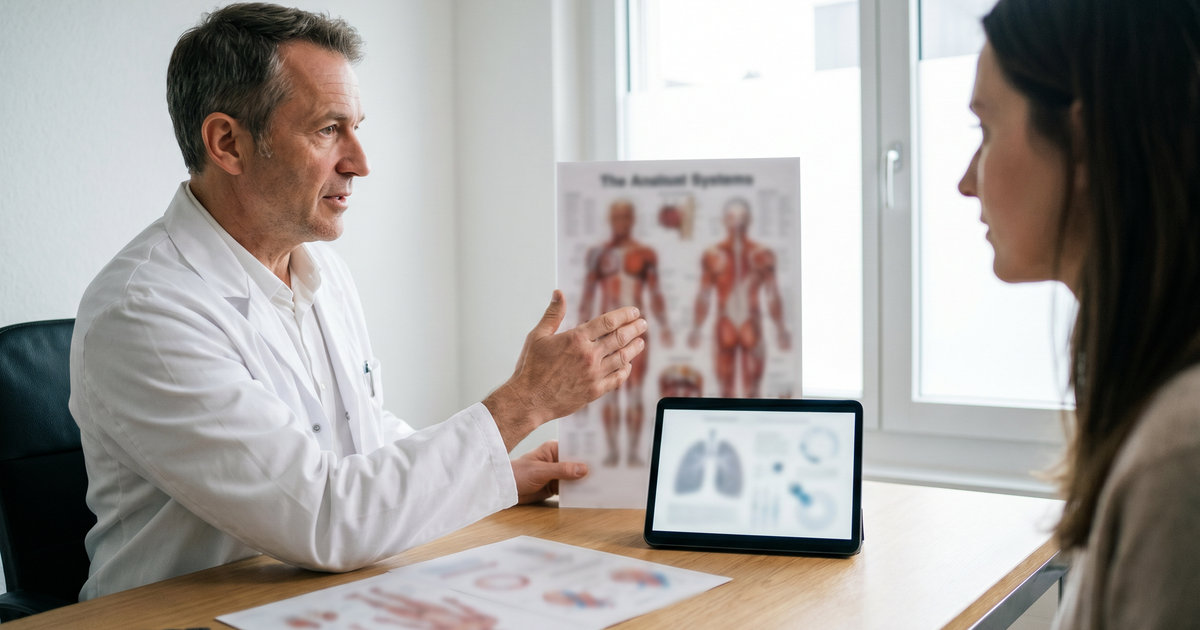 Ärztin in einer Schweizer Praxis erklärt einer Patientin die medizinische Anwendung von CBD und die Wirkung im Körper anhand von Unterlagen