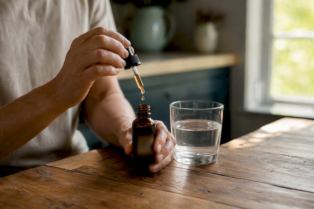 Hände, die zu Hause eine medizinische Cannabis-Dosis vorbereiten
