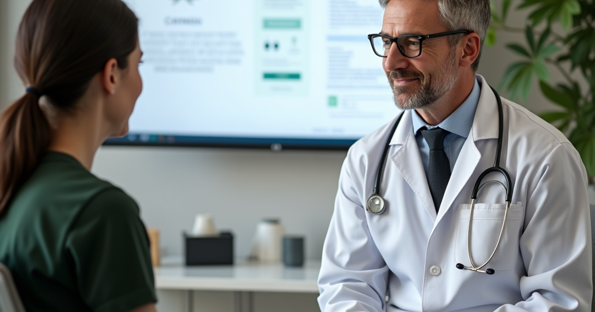 Ärztin in einer modernen Schweizer Praxis, die mit einem Patienten neutral über die Bedeutung von 420 und eine mögliche medizinische Cannabis-Therapie spricht