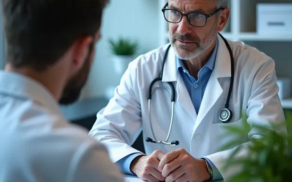 Ärztin in einer Schweizer Praxis erläutert einem Patienten die medizinische Anwendung von Cannabis Kristallen mit Hilfe von Laborgefässen und Schaubild