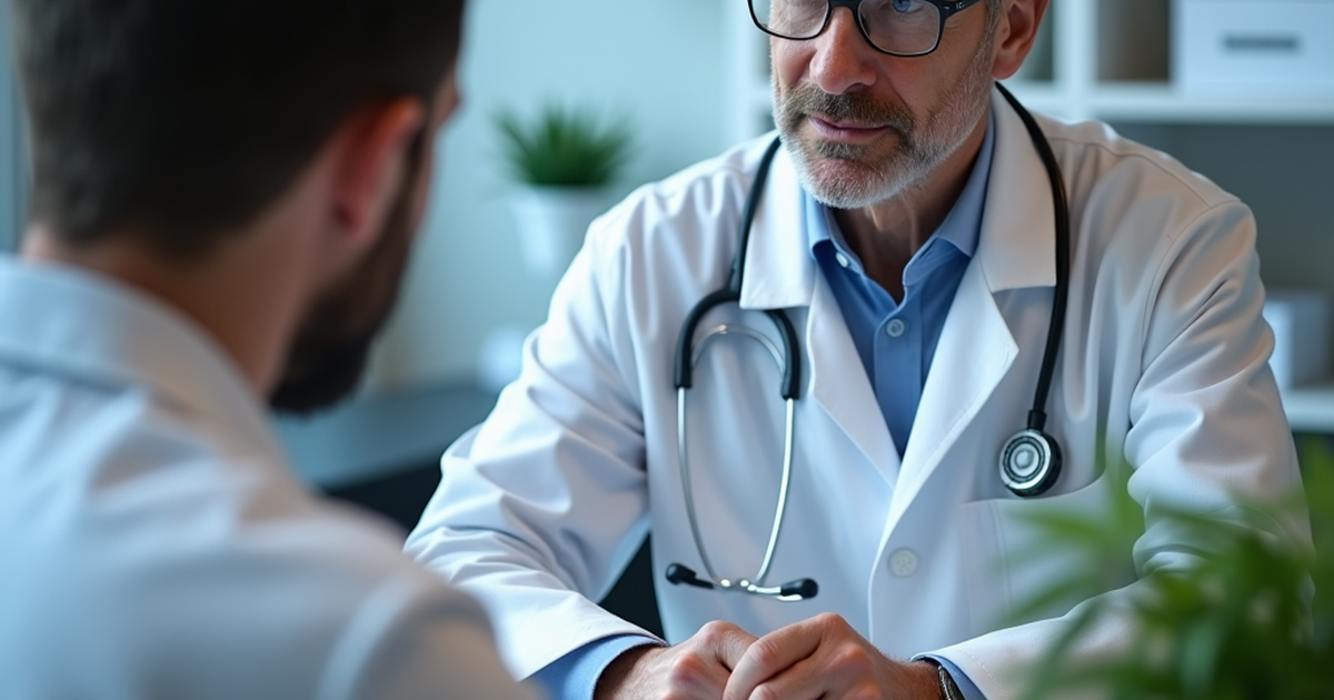 Ärztin in einer Schweizer Praxis erläutert einem Patienten die medizinische Anwendung von Cannabis Kristallen mit Hilfe von Laborgefässen und Schaubild