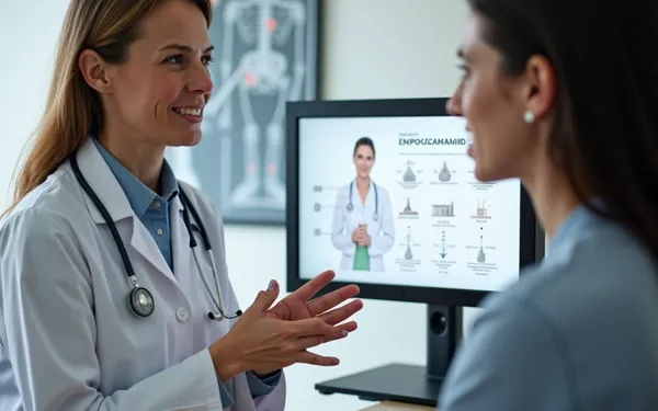 Ärztin in Schweizer Praxis erklärt einer Patientin die medizinische Anwendung von Cannabis am Bildschirm