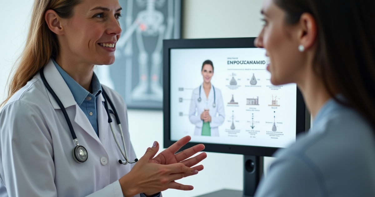 Ärztin in Schweizer Praxis erklärt einer Patientin die medizinische Anwendung von Cannabis am Bildschirm