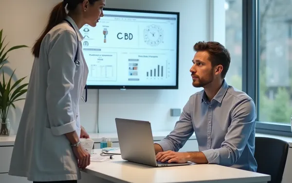 Ärztin in einem Schweizer Praxisraum erklärt einem Patienten sachlich die Wirkung eines CBD-dominanten Cannabispräparats mit 20:1-Verhältnis anhand einer medizinischen Grafik