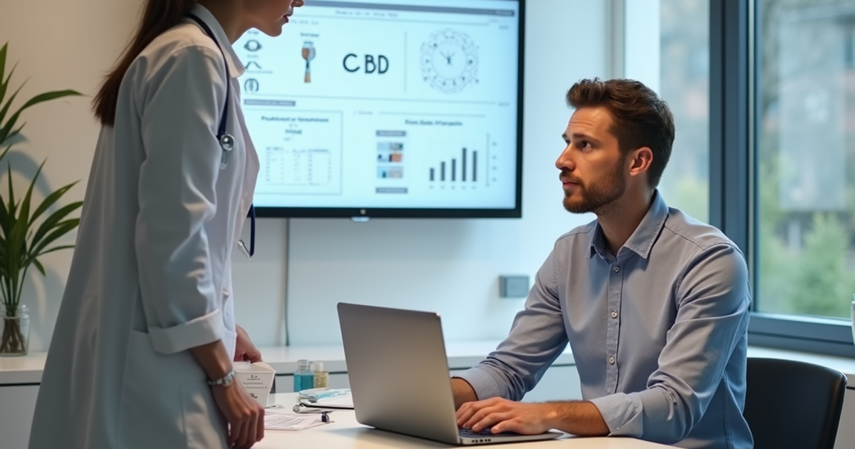 Ärztin in einem Schweizer Praxisraum erklärt einem Patienten sachlich die Wirkung eines CBD-dominanten Cannabispräparats mit 20:1-Verhältnis anhand einer medizinischen Grafik