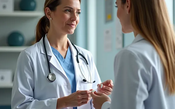 Ärztin in einer Schweizer Praxis, die einer Patientin die Kombination von medizinischem Cannabis und Antidepressiva erklärt