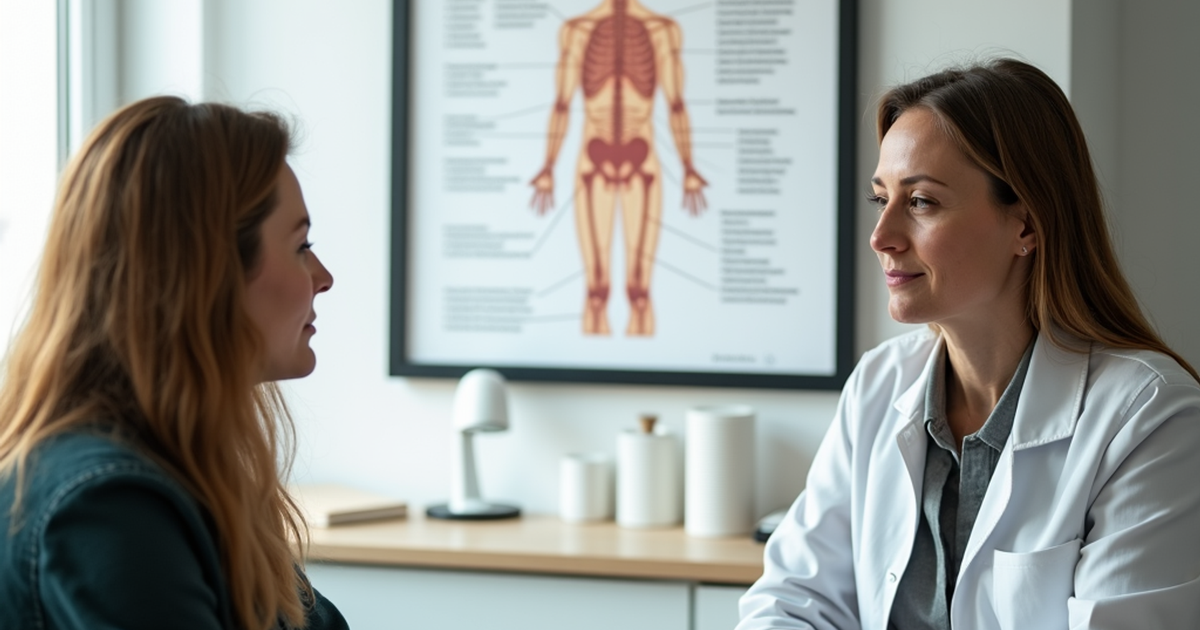 Ärztin und Patient in einer Schweizer Praxis besprechen eine mögliche medizinische Cannabis-Therapie zur Appetitsteigerung anhand von Unterlagen