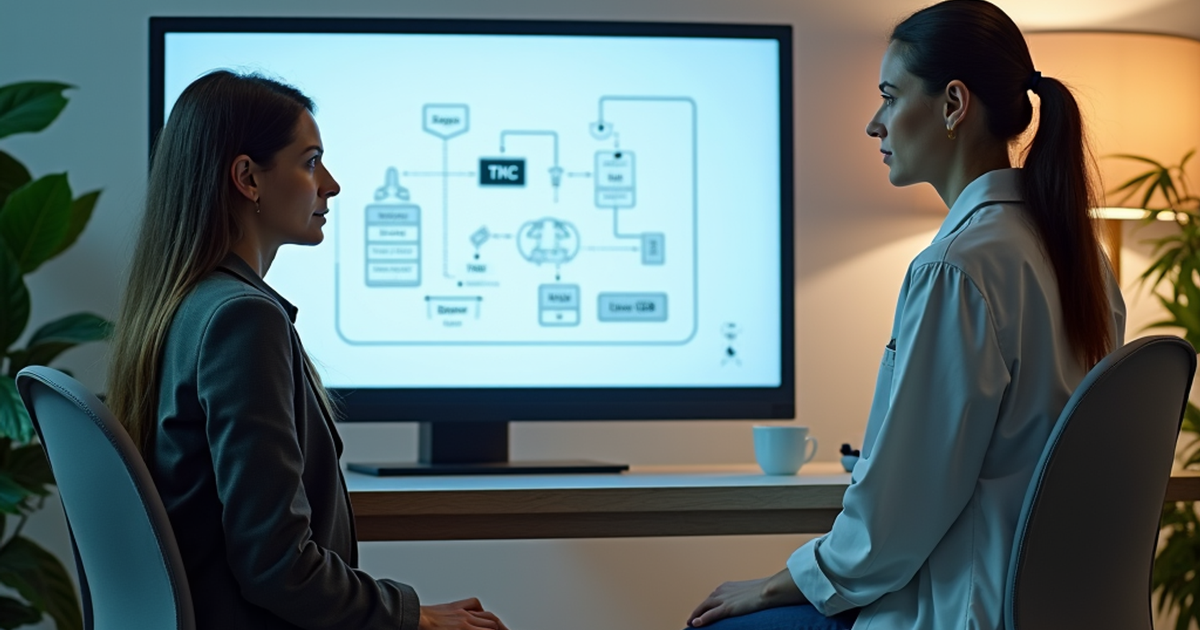 Aerztin in einer Schweizer Praxis erklaert einer Patientin die Optionen einer medizinischen Cannabis-Therapie anhand eines Wirkprofils von THC und CBD auf dem Bildschirm