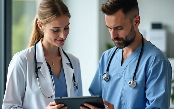 Ärztin in der Schweiz bespricht mit einem Patienten am Tablet die sichere Kombination von medizinischem Cannabis und anderen Medikamenten