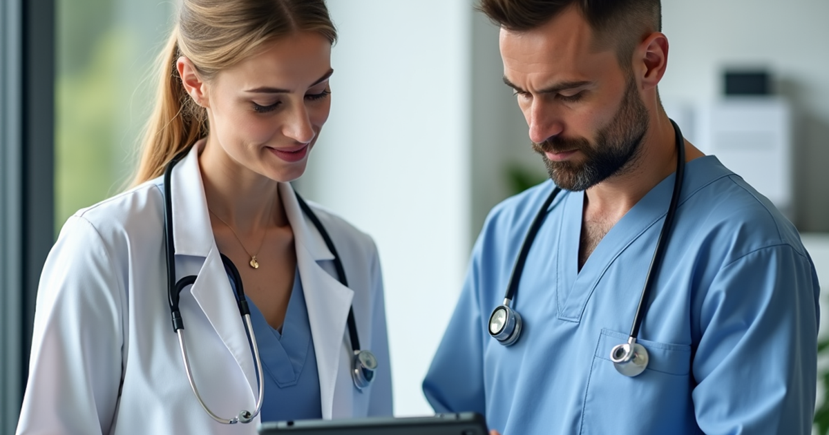 Ärztin in der Schweiz bespricht mit einem Patienten am Tablet die sichere Kombination von medizinischem Cannabis und anderen Medikamenten