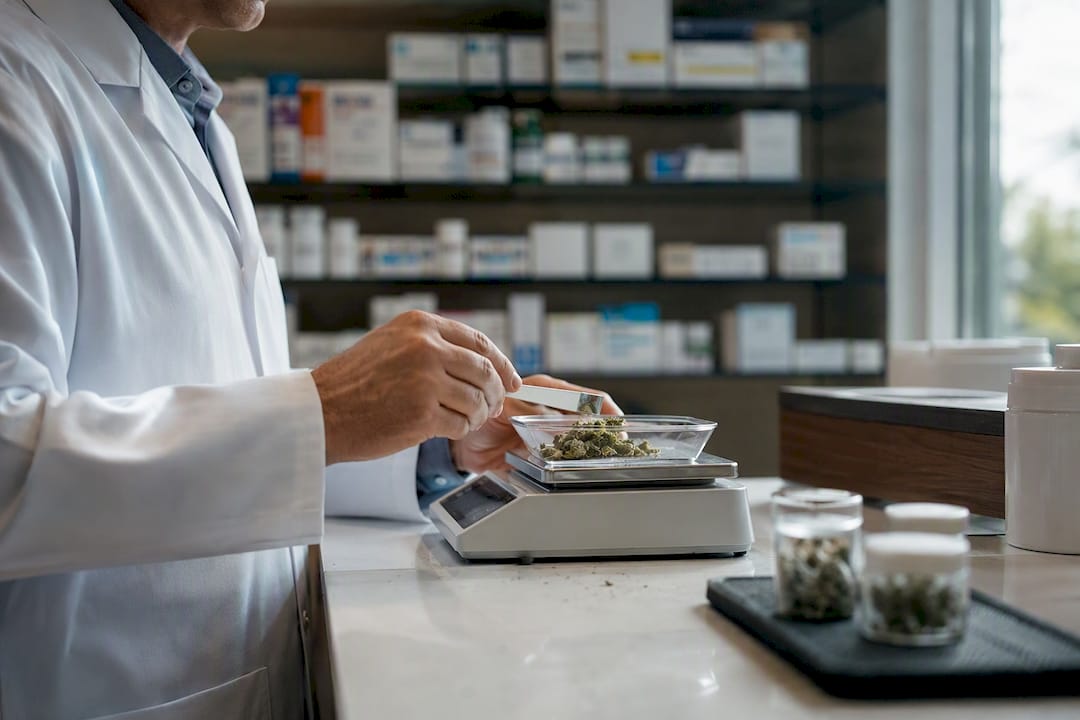 Apothekerhände bereiten Cannabis-Medikamente in der Apotheke zu