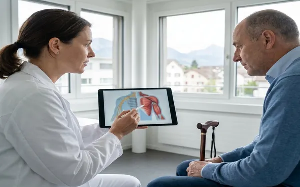 Ärztin in einer Schweizer Praxis bespricht mit einem MS-Patienten die mögliche Anwendung von medizinischem Cannabis gegen Spastik