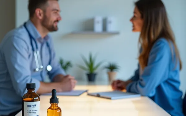 Ärztin in der Schweiz erklärt einem Patienten anhand eines Dosierungsschemas die richtige Anwendung von medizinischem Cannabisöl und Vaporizer