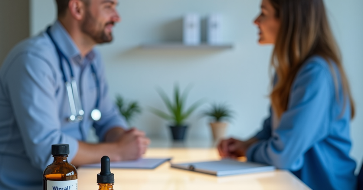 Ärztin in der Schweiz erklärt einem Patienten anhand eines Dosierungsschemas die richtige Anwendung von medizinischem Cannabisöl und Vaporizer