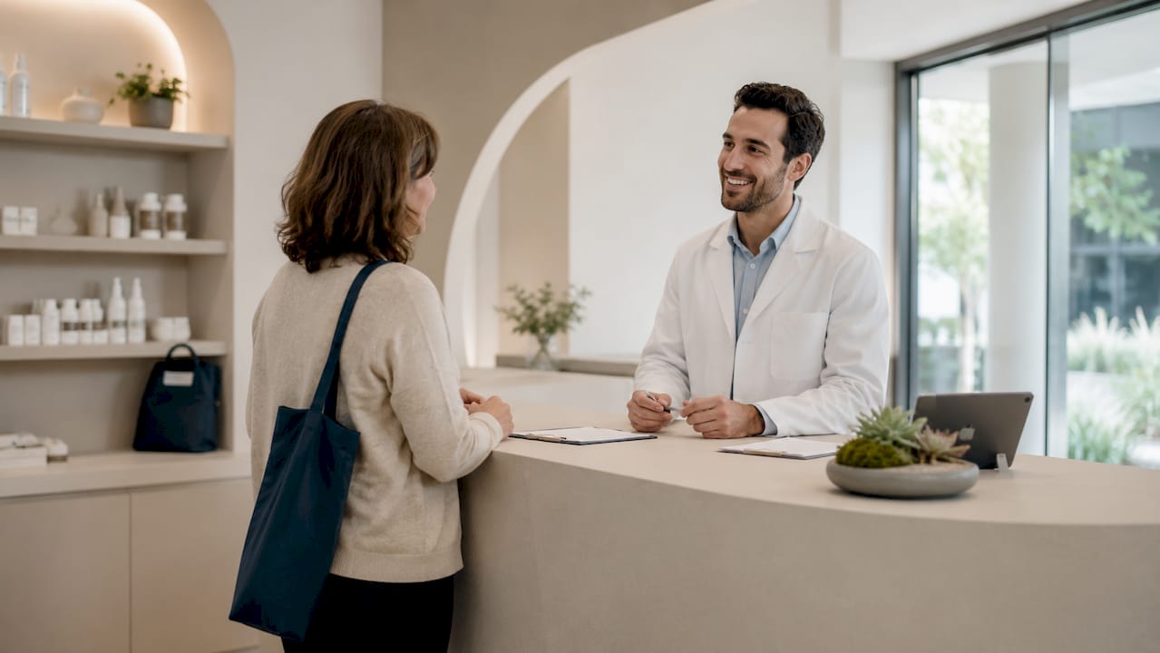 Eine Kundin lässt sich vom Apotheker fachkundig beraten.
