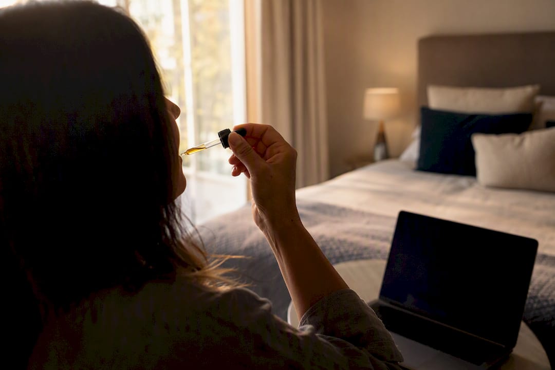 Ein Patient nimmt während einer Videosprechstunde ärztlich verordnetes Cannabisöl ein.