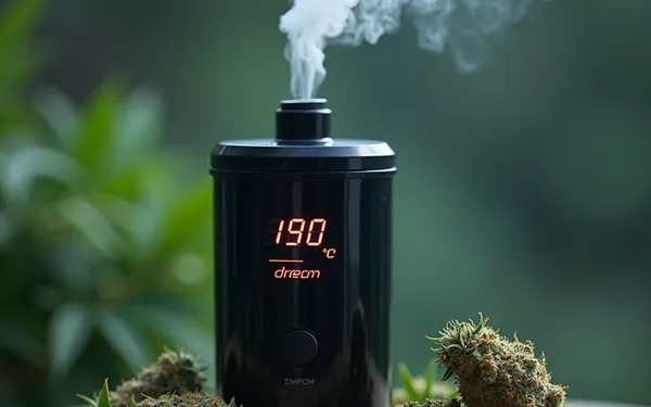 Medizinischer Vaporizer mit Temperaturanzeige neben standardisierten Cannabisblüten in einer klinisch wirkenden Umgebung