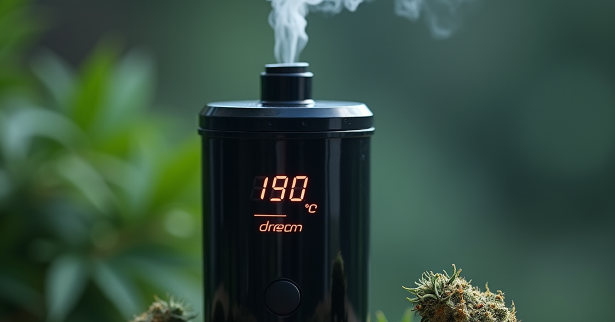 Medizinischer Vaporizer mit Temperaturanzeige neben standardisierten Cannabisblüten in einer klinisch wirkenden Umgebung