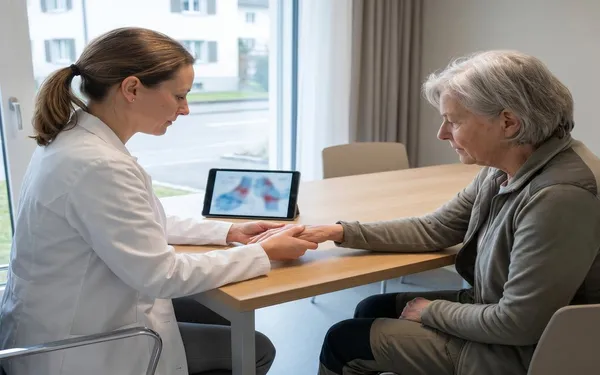 Ärztin in der Schweiz erklärt einer Patientin mit Rheuma einen strukturierten Therapieplan mit medizinischem Cannabis
