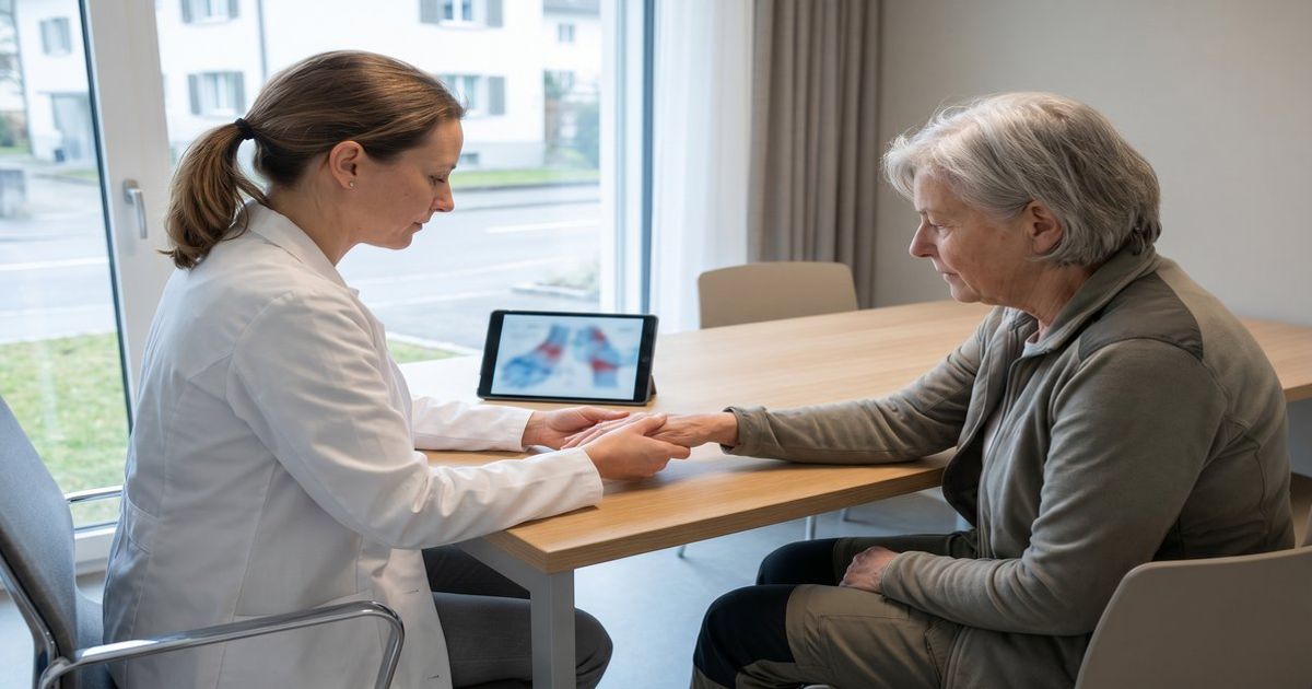 Ärztin in der Schweiz erklärt einer Patientin mit Rheuma einen strukturierten Therapieplan mit medizinischem Cannabis