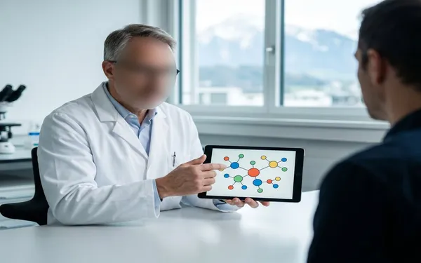 Ärztin in einer Schweizer Praxis erklärt einer Patientin anhand eines Schemas den Entourage-Effekt von Vollspektrum-Cannabis mit Cannabinoiden und Terpenen