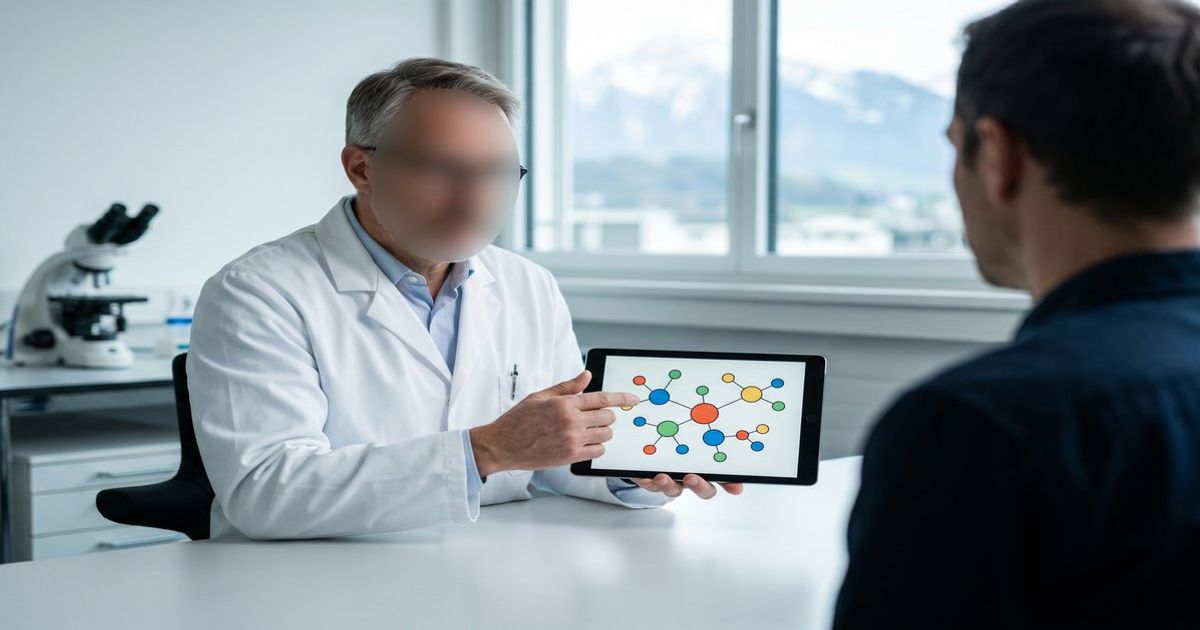 Ärztin in einer Schweizer Praxis erklärt einer Patientin anhand eines Schemas den Entourage-Effekt von Vollspektrum-Cannabis mit Cannabinoiden und Terpenen